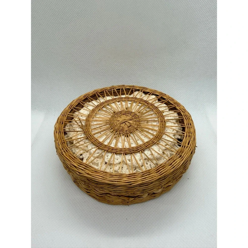 Vintage Hand Crocheted Doily Coasters Set of 9 with Woven Wicker Storage Basket